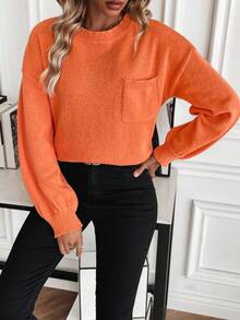 SHEIN LUNE 女性圓領落肩袖套頭毛衣 - 橘色 - 查看 3