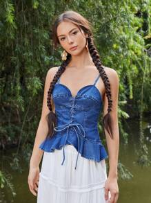 Soleia Lace Up Front Ruffle Hem Denim Cami Top - Blue - View 6