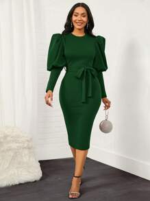SHEIN Lady Gigot Sleeve Belted Bodycon Dress - Dark Green - View 1