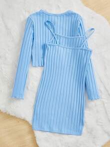 女大童前紐扣夾克&字母貼布吊帶洋裝 - 淺藍色 - 查看 2