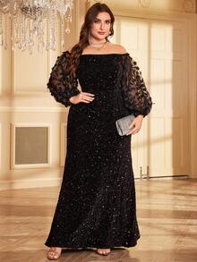 大码女式优雅露肩 3D 贴花网眼灯笼袖亮片晚礼服派对礼服婚礼宾客礼服正式礼服