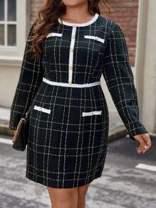 SHEIN Unity Plus Plaid Print Contrast Trim Dress - Black - View 3