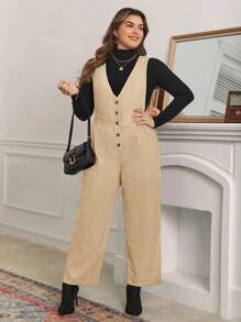 SHEIN Frenchy Jumpsuit Ukuran Plus Kantong Tombol Depan Plain Casual - Khaki - View 4