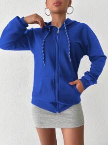 SHEIN Cottnline Sudadera Con Capucha Para Mujer Con Cordón De Hombro Caído De Color Sólido - azul real - Ver 4