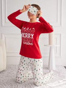 EURMUSE Christmas Print Tee & Pants PJ Set - Red and White - View 5