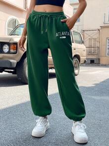 SHEIN EZwear Của phụ nữ In thư Eo dây rút & Đàn hồi Cổ tay áo Quần Chạy bộ - Màu xanh lá cây đậm - Xem 3