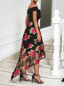 Zolique Floral Print Off Shoulder Mesh Overlay Hem Dress - Black - View 2