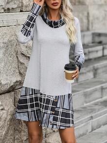 SHEIN LUNE Plaid Print Cowl Neck 2 In 1 Dress - Grey - View 3