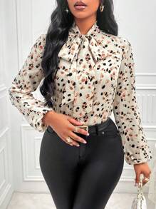 SHEIN VaVaLuxe 全身印花系带衬衫、长袖上衣 - 杏色 - 查看 1