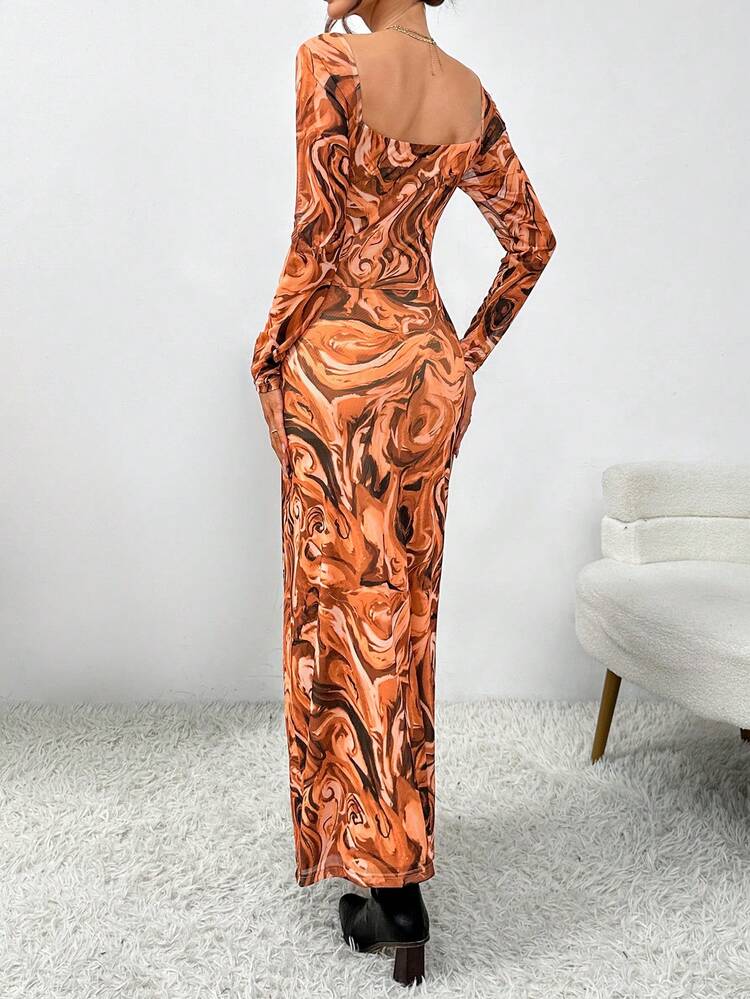 Marble Print Square Neck Dress