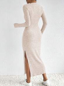 SHEIN Frenchy Vestido unicolor tejido de canalé de muslo con abertura - Albaricoque - Ver 2