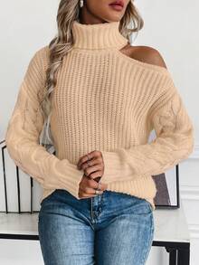 SHEIN Clasi 女士高領純色露肩毛衣 - 卡其色 - 查看 5