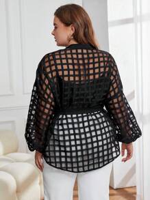 SHEIN Privé 加格纹印花灯笼袖束带衬衫（不含吊带背心） - 黑色 - 查看 2