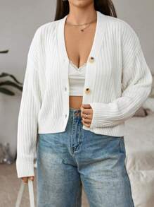 Flirla Hơn Thả vai Đồ đan Ribbed Áo len Mở - trắng - Xem 5