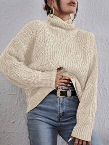 EURMUSE 保暖高領紋理毛衣 - 米色 - 查看 3