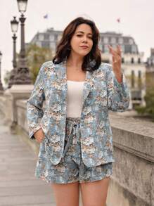 SHEIN Frenchy Plus Size Floral Print Lapel Collar Blazer And Shorts Set - Multicolor - View 6