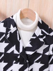 SHEIN Toddler Girls' Casual Minimalist Style Houndstooth Pattern Jacket - Black and White - View 3