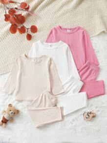 Bebé niña 3 piezas tejido de canalé Camiseta & 3 piezas Leggings - Rosa Pálido - Ver 1