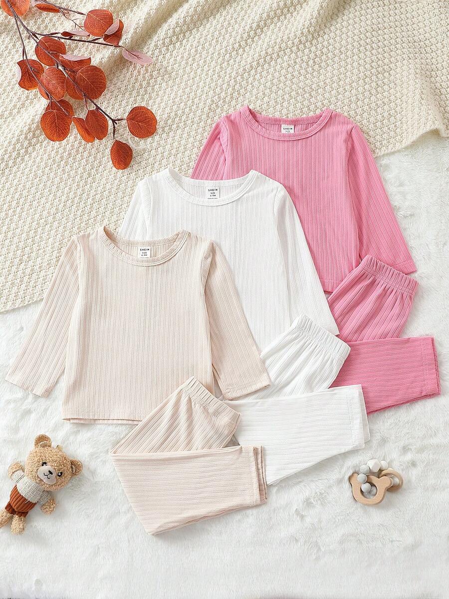 Bebé niña 3 piezas tejido de canalé Camiseta & 3 piezas Leggings - Rosa Pálido - Ver 1