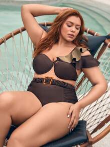 SHEIN Swim Curve Plus Size Bikini Bottoms Berikat Kontras Mesh Ruffle Plain - Coffee Brown - View 6