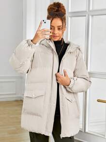 少女翻盖口袋毛绒装饰连帽棉服外套 - 杏色 - 查看 1