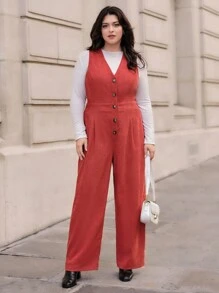 SHEIN Essnce Talla grande Mono con botón delantero de pana sin camiseta - Rojo - Ver 1