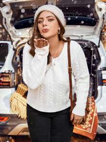 Calvaya Plus Cable Knit Sweater Knit Pullover Fall Winter Sweater - White - View 3