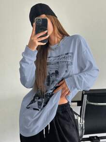 DAZY Đồ họa Hình & Chữ cái Áo thun Thả vai - Màu xanh bụi bặm - Xem 1