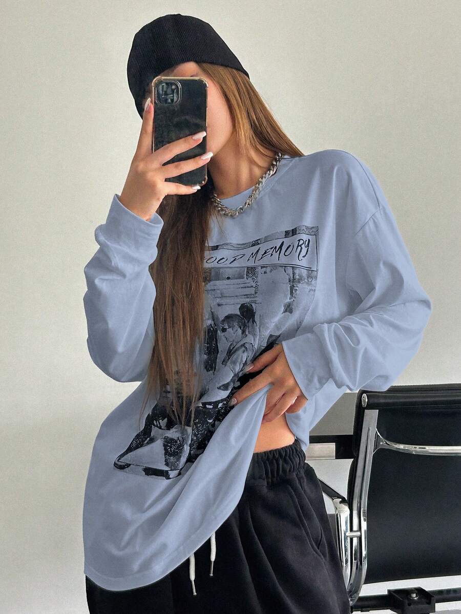 DAZY Đồ họa Hình & Chữ cái Áo thun Thả vai - Màu xanh bụi bặm - Xem 1