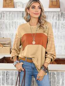 Acelitt Striped Color Block Bishop Sleeve Casual Loose T-Shirt - Khaki - View 5