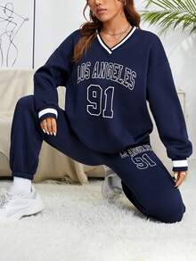 SHEIN EZwear Women's V-neck Letter & Number Printed Sweatshirt And Sweatpants Two-piece Set - Navy Blue - View 4