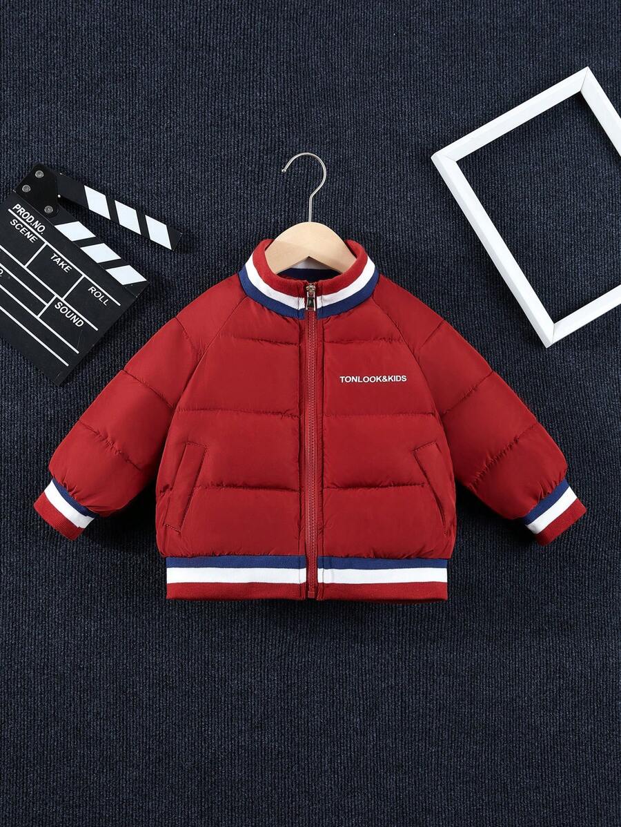 Young Boy Letter Embroidery Striped Trim Raglan Sleeve Puffer Jacket - Red - View 1