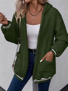 SHEIN LUNE Dual Pocket Striped Trim Hooded Teddy Coat - Army Green - View 6