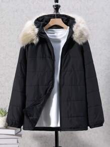 SHEIN 青少年男孩毛绒连帽棉服外套 - 黑色 - 查看 1