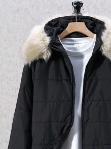 SHEIN 青少年男孩毛绒连帽棉服外套 - 黑色 - 查看 6