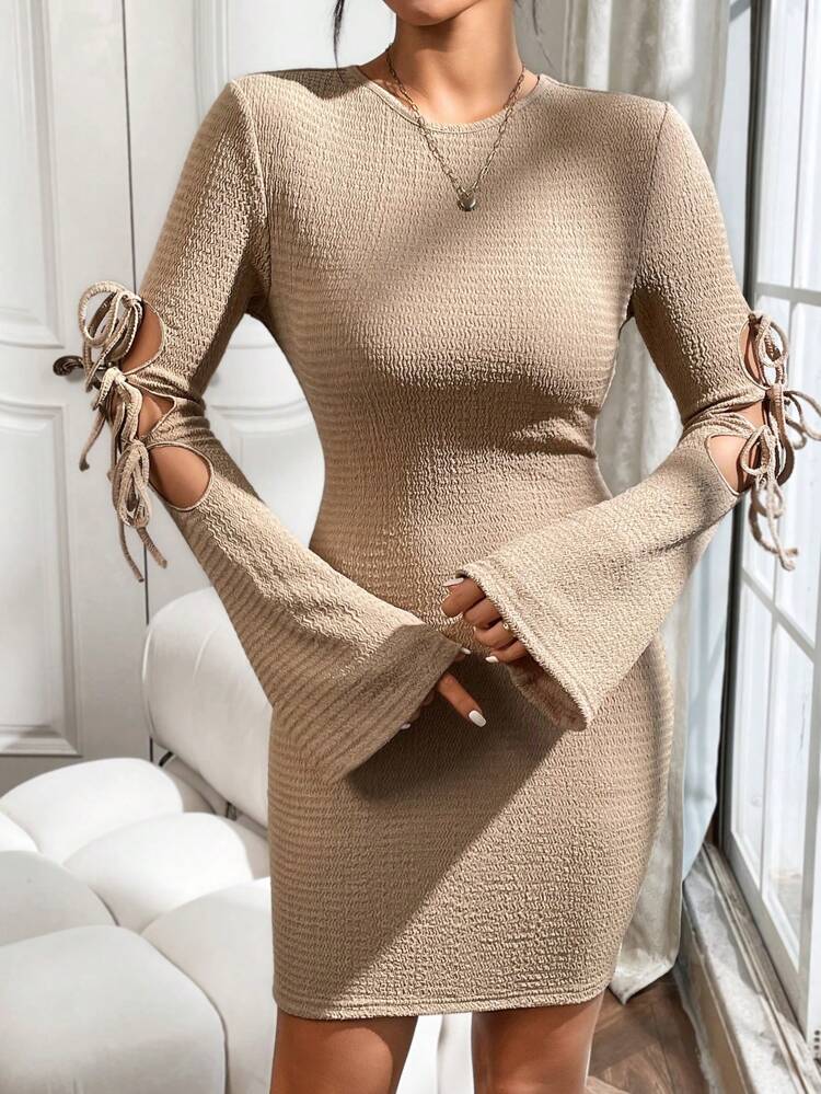 Women's Casual Khaki A-line Dress With Round Neck And Flared Sleeves