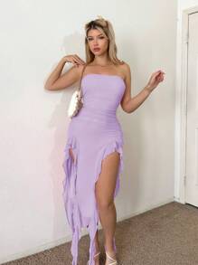 SHEIN Sweetina 不對稱下擺褶邊抹胸洋裝 - 淡紫色 - 查看 1