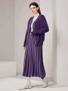 Mulvari 女士紫色條紋毛衣與裙子套裝 - 紫色 - 查看 5