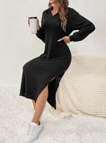 SHEIN Frenchy Drop Shoulder Split Thigh Dress Without Belt - Black - View 3