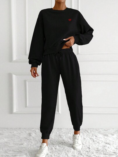 EURMUSE Women's Heart Print Drop Shoulder Sweatshirt And Joggers Set