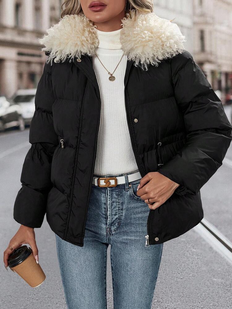Fuzzy Trim Zipper Up Padded Padded Coat Clothes Winter