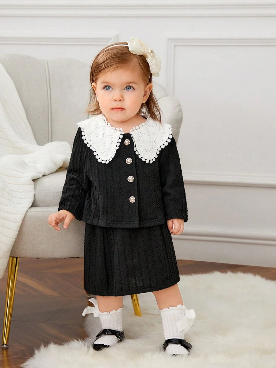 SHEIN Conjunto de chaqueta y falda para bebé niña con cuello Peter Pan y empalme - Negro - Ver 1