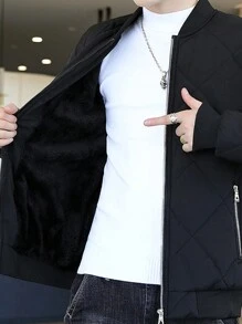 Men's New Varsity Collar Diamond Pattern Quilted Jacket, For Fall Winter