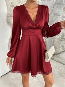 SHEIN Privé Ren tương phản Sâu v cổ Tay áo lồng đèn Đầm - Đỏ - Xem 3