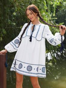 Soleia Women's Geometric Printed Fringe Tie Lantern Sleeve Dress - Blue and White - View 1