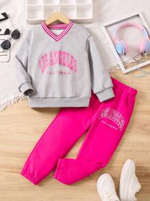 SHEIN Young Girl Letter Graphic Striped Trim Sweatshirt & Sweatpants - Grey - View 1