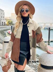 SHEIN Frenchy Colorblock Drop Shoulder Flap Pocket Corduroy Coat - Apricot - View 1