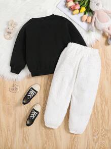 女小童蝴蝶結細節兔子刺繡套頭衫和絨毛長褲 - 黑色 - 查看 2