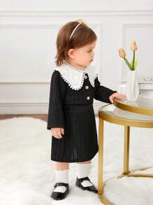 SHEIN Conjunto de chaqueta y falda para bebé niña con cuello Peter Pan y empalme - Negro - Ver 6