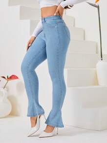 SHEIN Privé 斜口袋牛仔喇叭褲 - 淺色水洗藍 - 查看 3